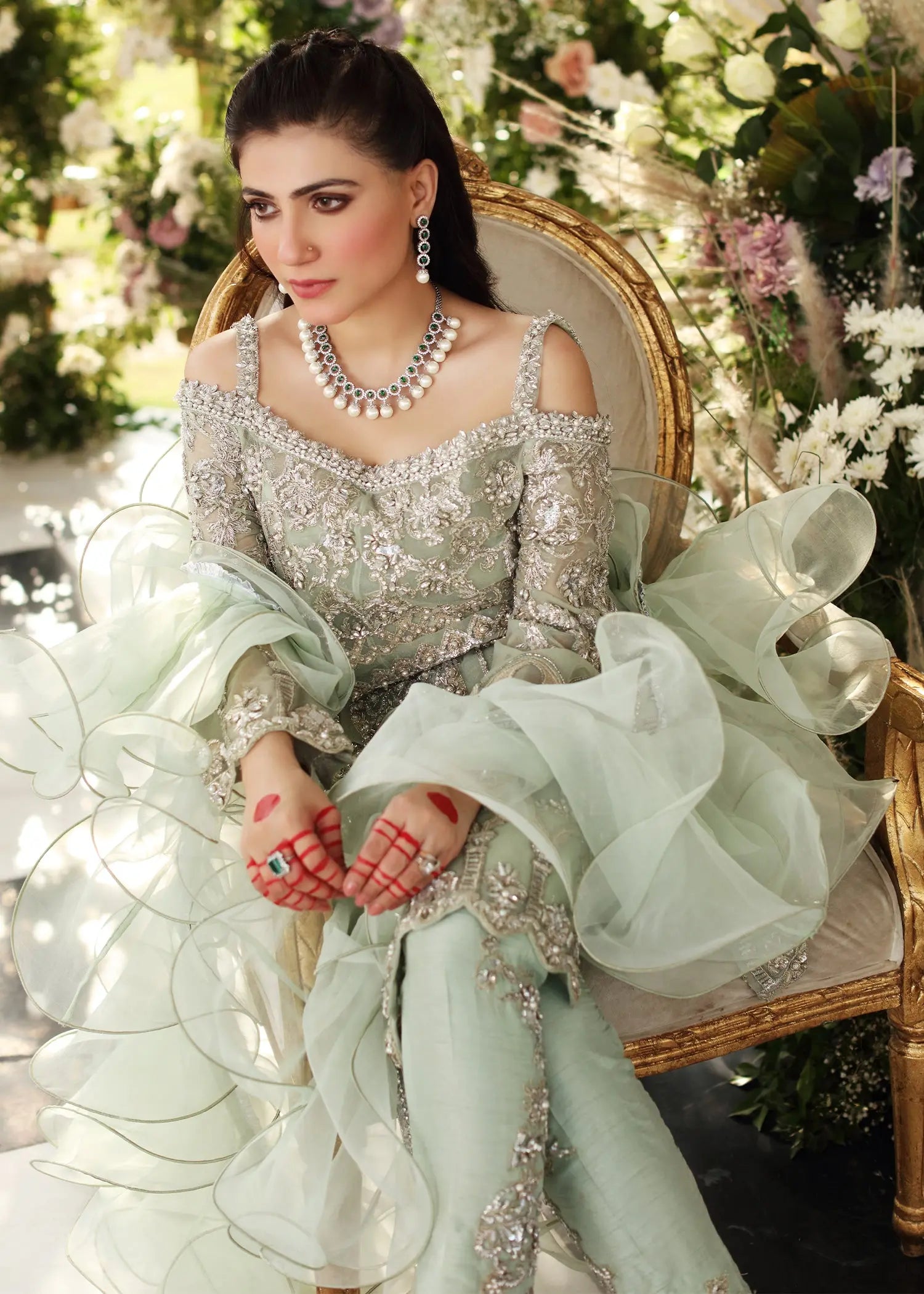 Mint Green Embellished Net & Silk Salwar Kameez (3-Piece) - Image 7