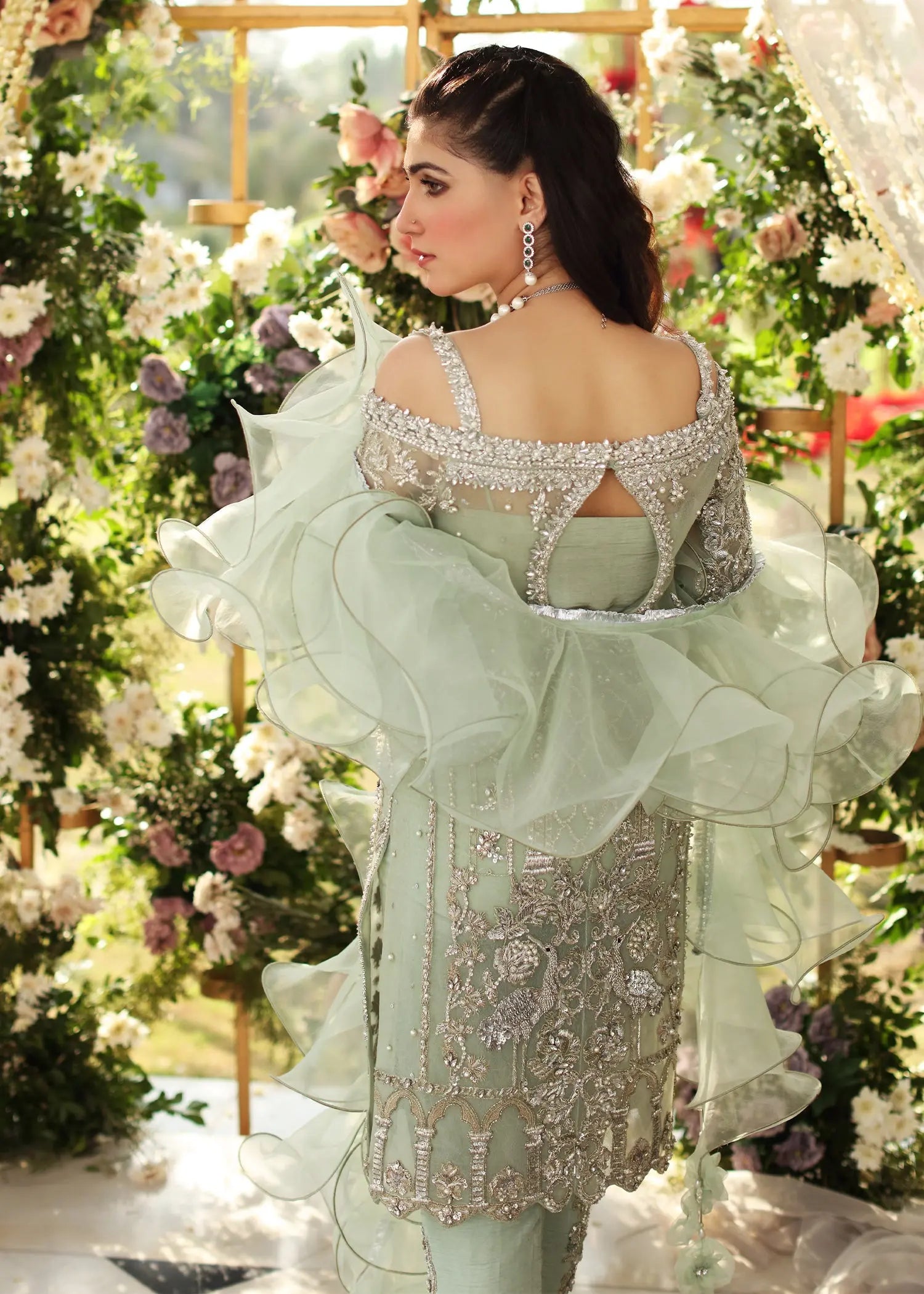 Mint Green Embellished Net & Silk Salwar Kameez (3-Piece) - Image 9