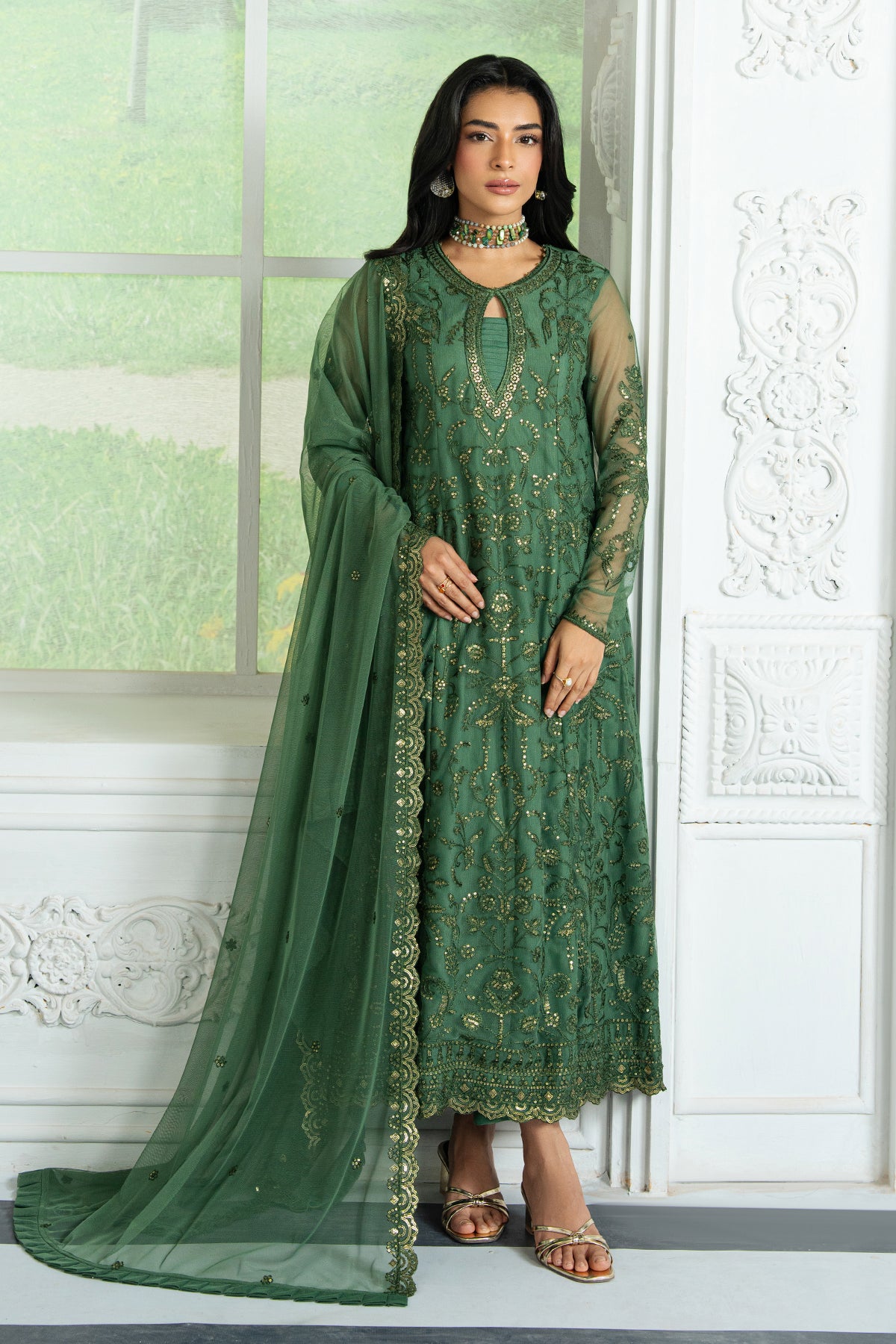Emerald Green Sequin Embroidered Net Salwar Kameez (3-Piece) - Image 1
