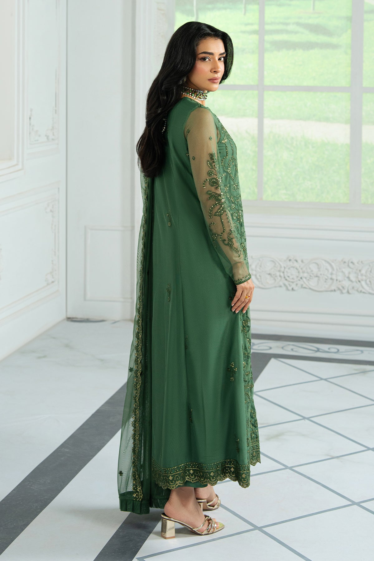 Emerald Green Sequin Embroidered Net Salwar Kameez (3-Piece) - Image 2