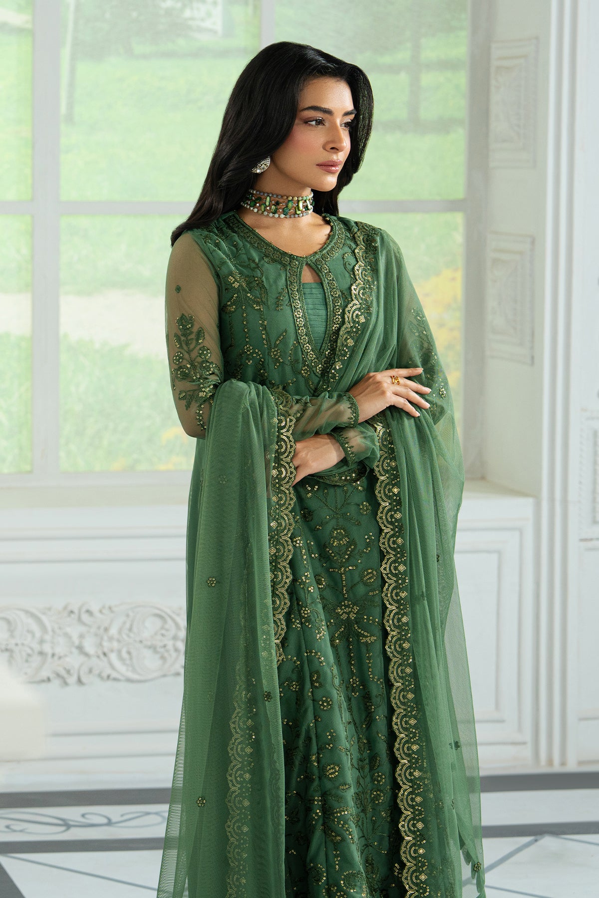 Emerald Green Sequin Embroidered Net Salwar Kameez (3-Piece) - Image 3