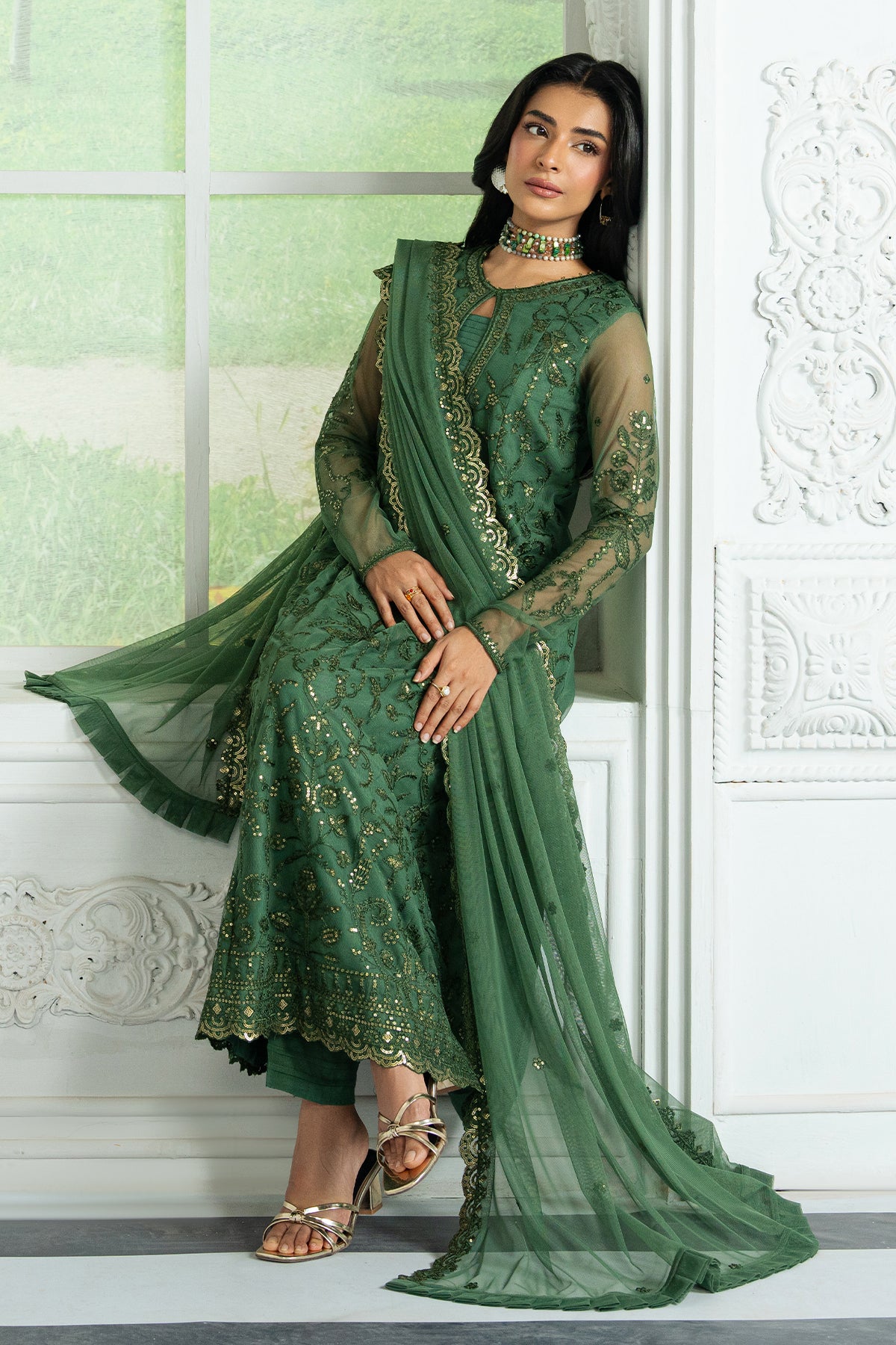 Emerald Green Sequin Embroidered Net Salwar Kameez (3-Piece) - Image 4