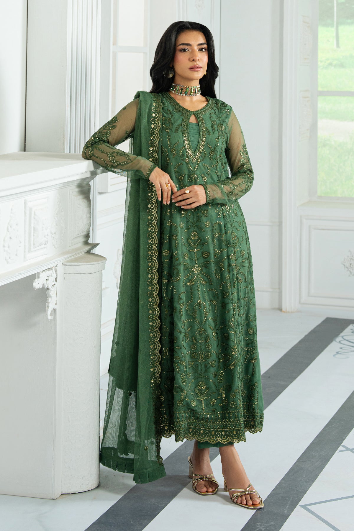Emerald Green Sequin Embroidered Net Salwar Kameez (3-Piece) - Image 5