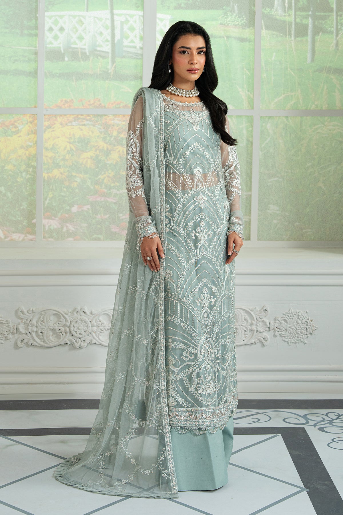 Seafoam Sequins Embroidered Net Salwar Kameez (3-Piece) - Image 1