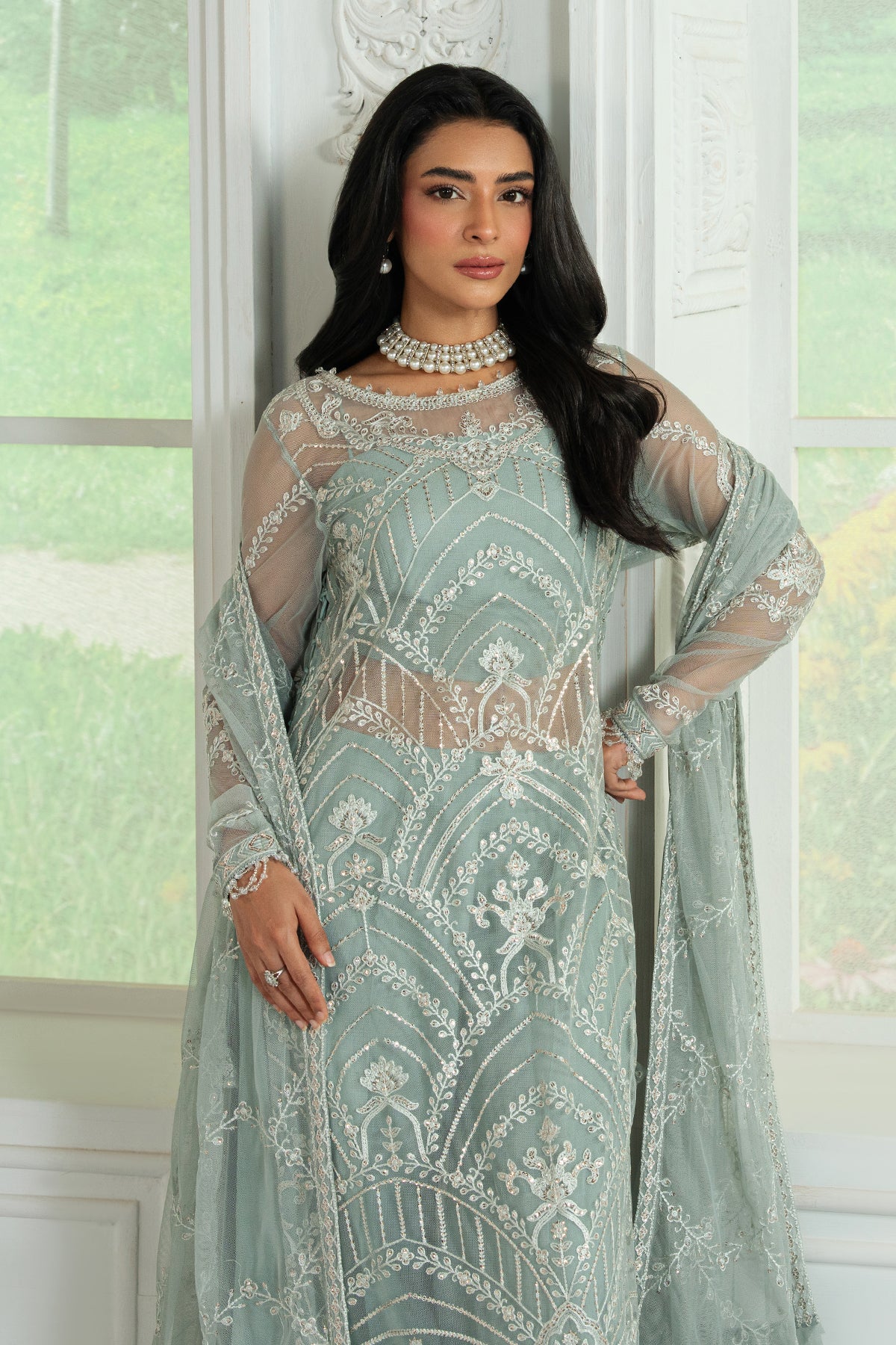 Seafoam Sequins Embroidered Net Salwar Kameez (3-Piece) - Image 3