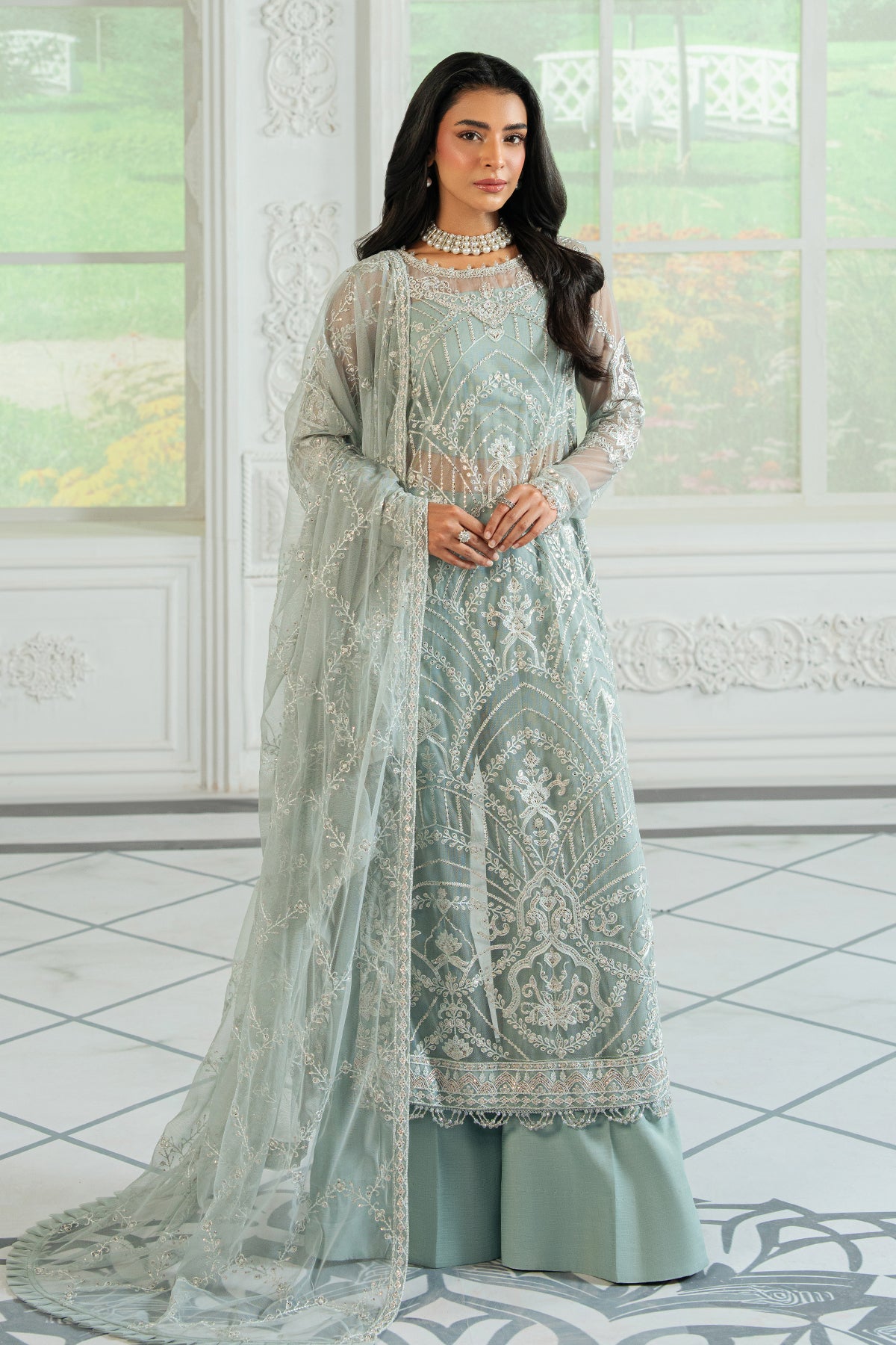 Seafoam Sequins Embroidered Net Salwar Kameez (3-Piece) - Image 4