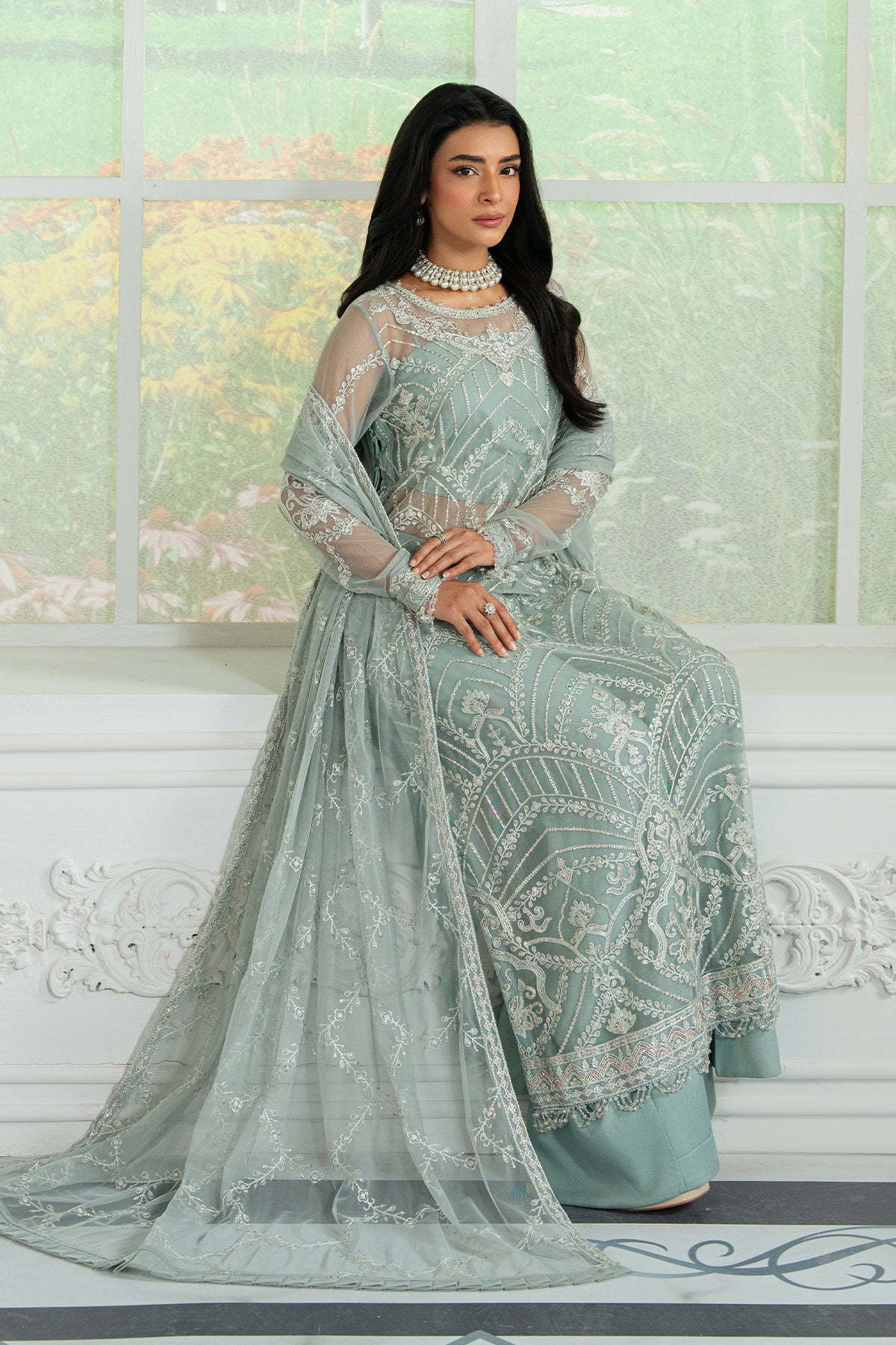 Seafoam Sequins Embroidered Net Salwar Kameez (3-Piece) - Image 5