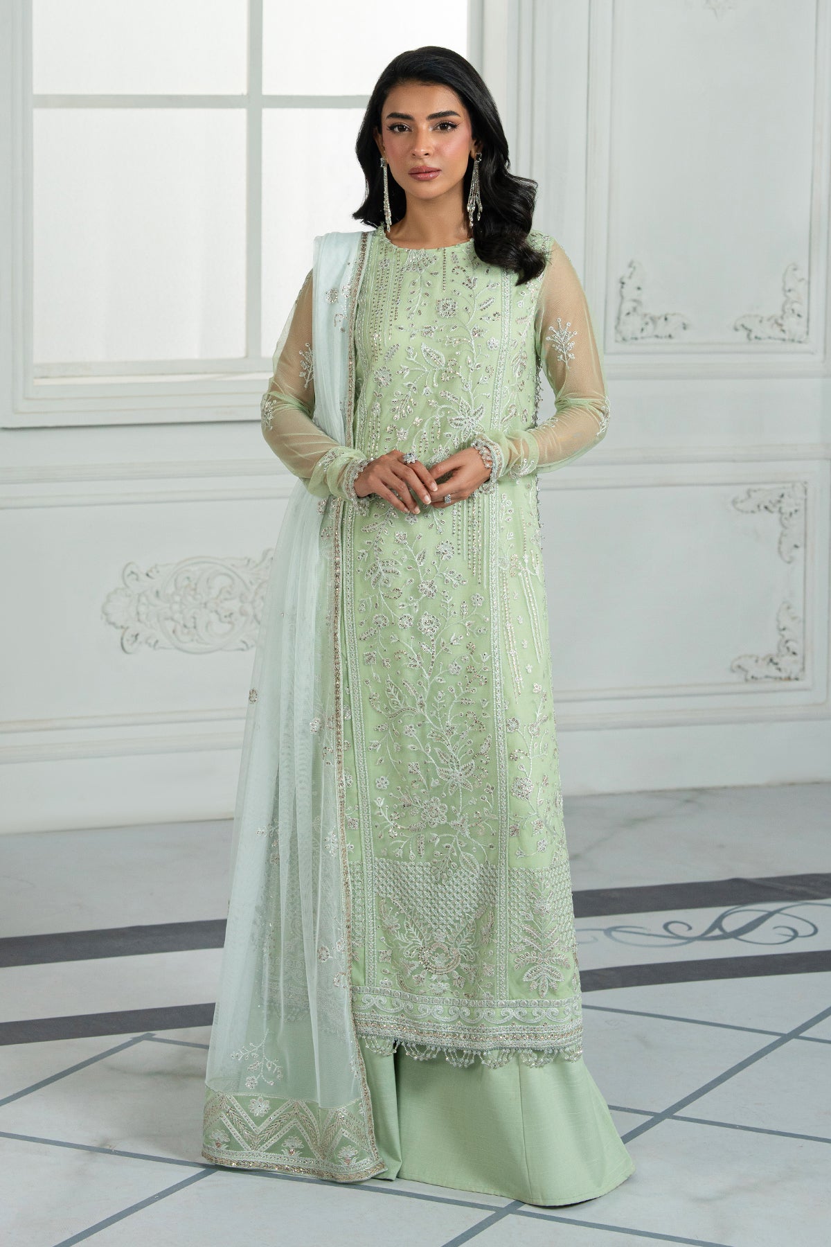 Mint Green Sequins Embroidered Net Salwar Kameez (3-Piece) - Image 1