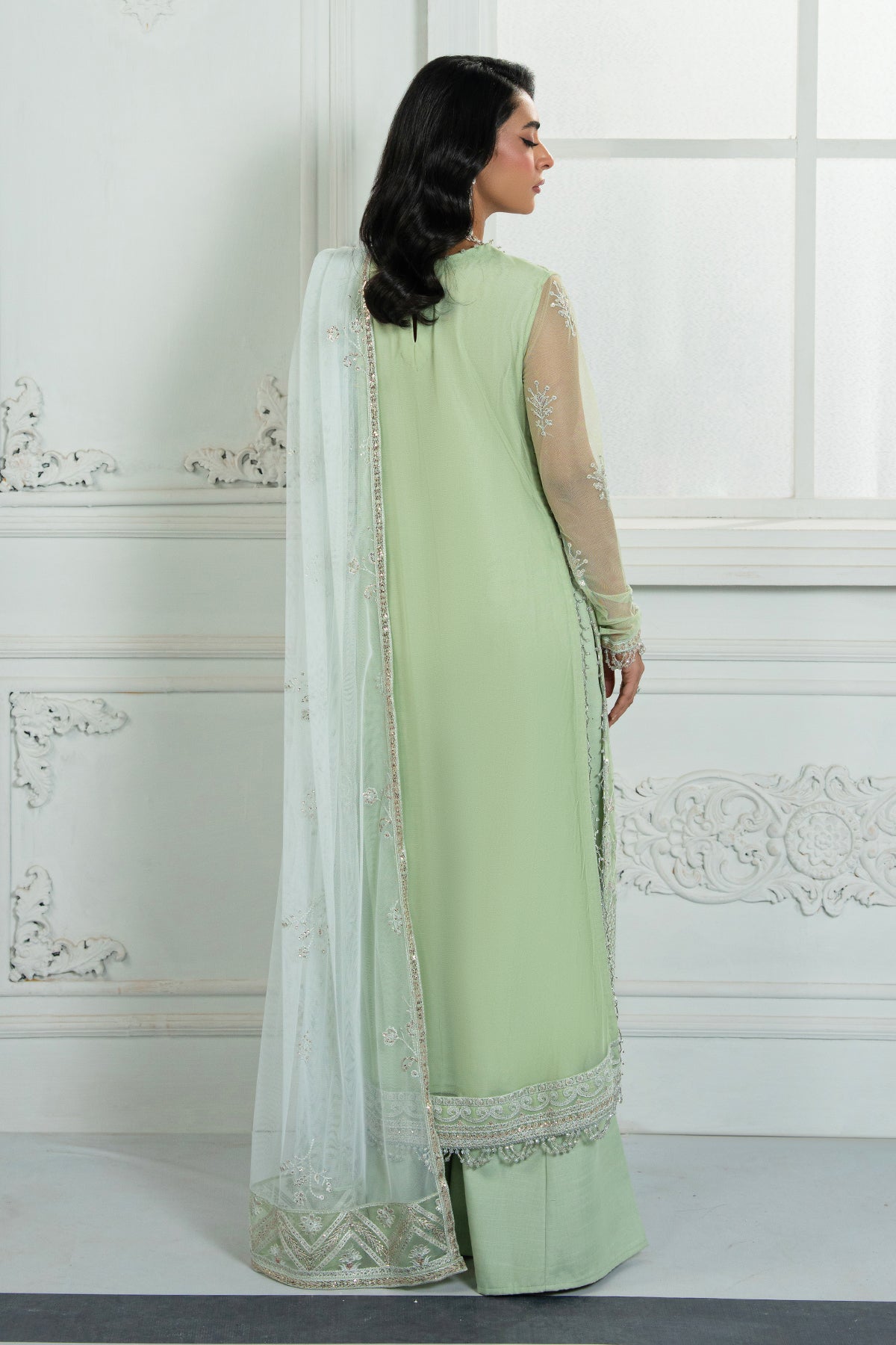Mint Green Sequins Embroidered Net Salwar Kameez (3-Piece) - Image 2