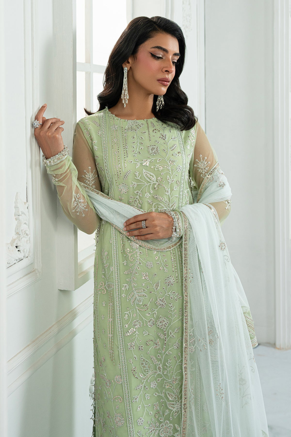 Mint Green Sequins Embroidered Net Salwar Kameez (3-Piece) - Image 3
