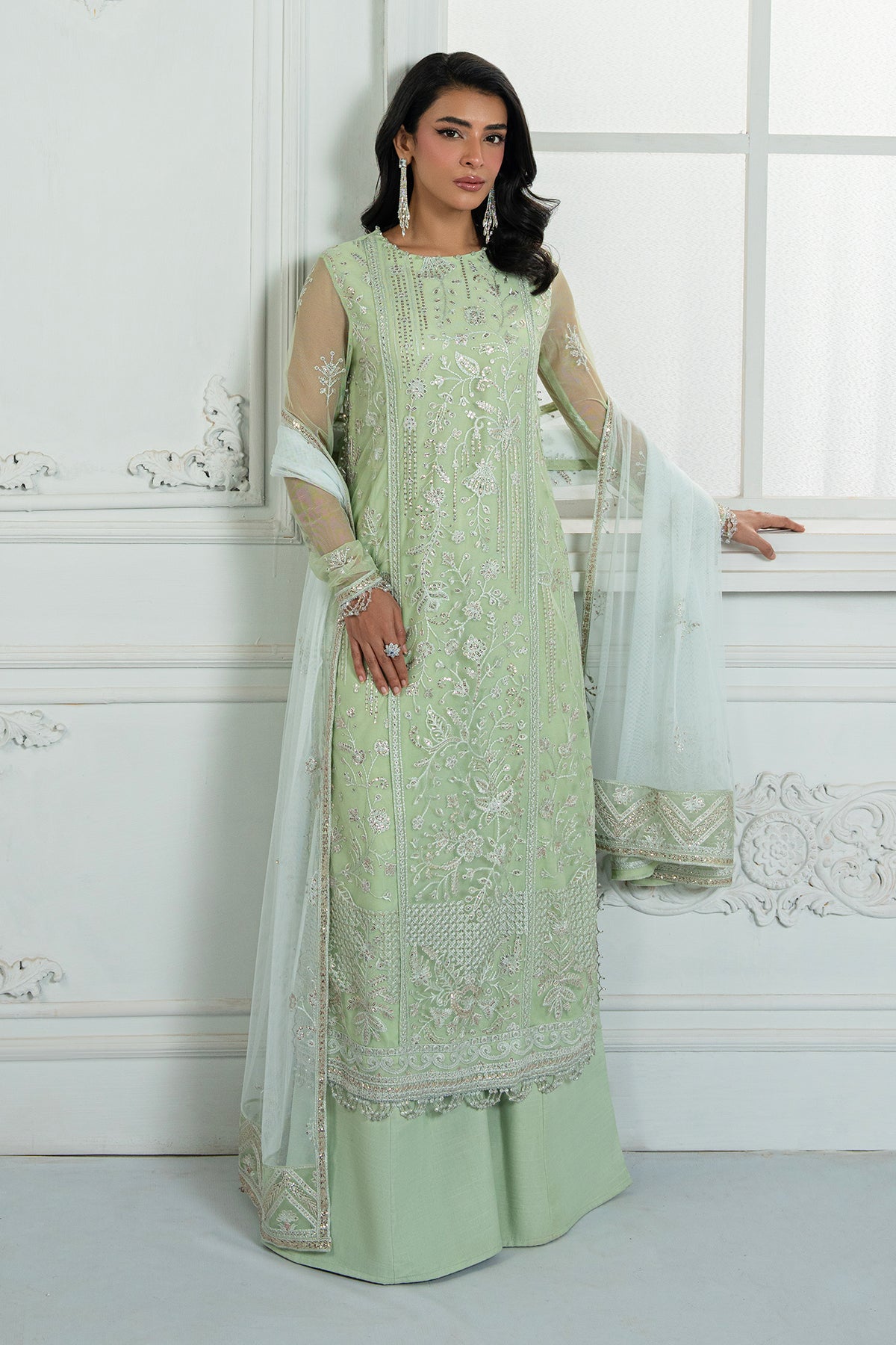 Mint Green Sequins Embroidered Net Salwar Kameez (3-Piece) - Image 4