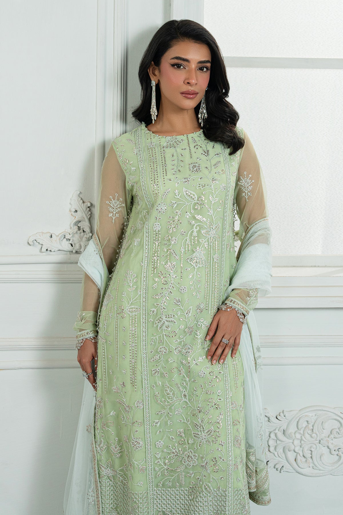 Mint Green Sequins Embroidered Net Salwar Kameez (3-Piece) - Image 5