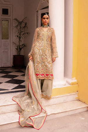Pakistani Sage Embroidered Net and Silk Salwar Kameez (3-Piece) - Image 2
