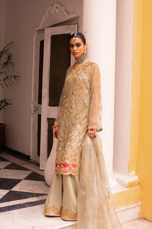 Pakistani Sage Embroidered Net and Silk Salwar Kameez (3-Piece) - Image 3