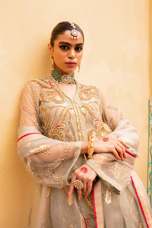 Pakistani Sage Embroidered Net and Silk Salwar Kameez (3-Piece) - Image 4