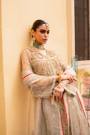 Pakistani Sage Embroidered Net and Silk Salwar Kameez (3-Piece) - Image 5