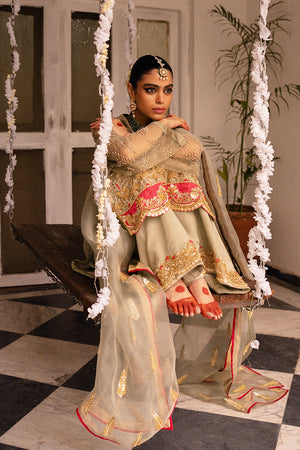 Pakistani Sage Embroidered Net and Silk Salwar Kameez (3-Piece) - Image 6