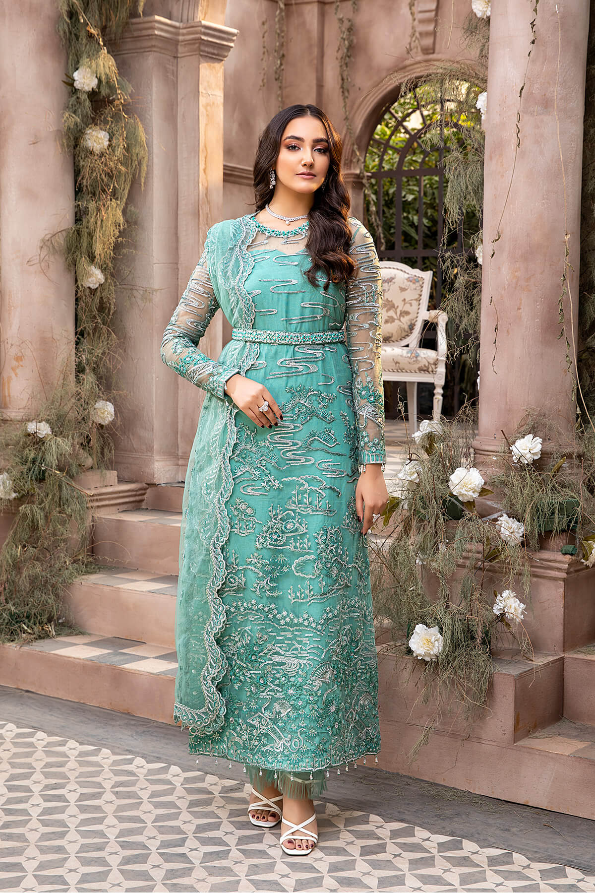 Pakistani Sea Green Embroidered Net & Silk Salwar Kameez (4-Piece) - Image 1