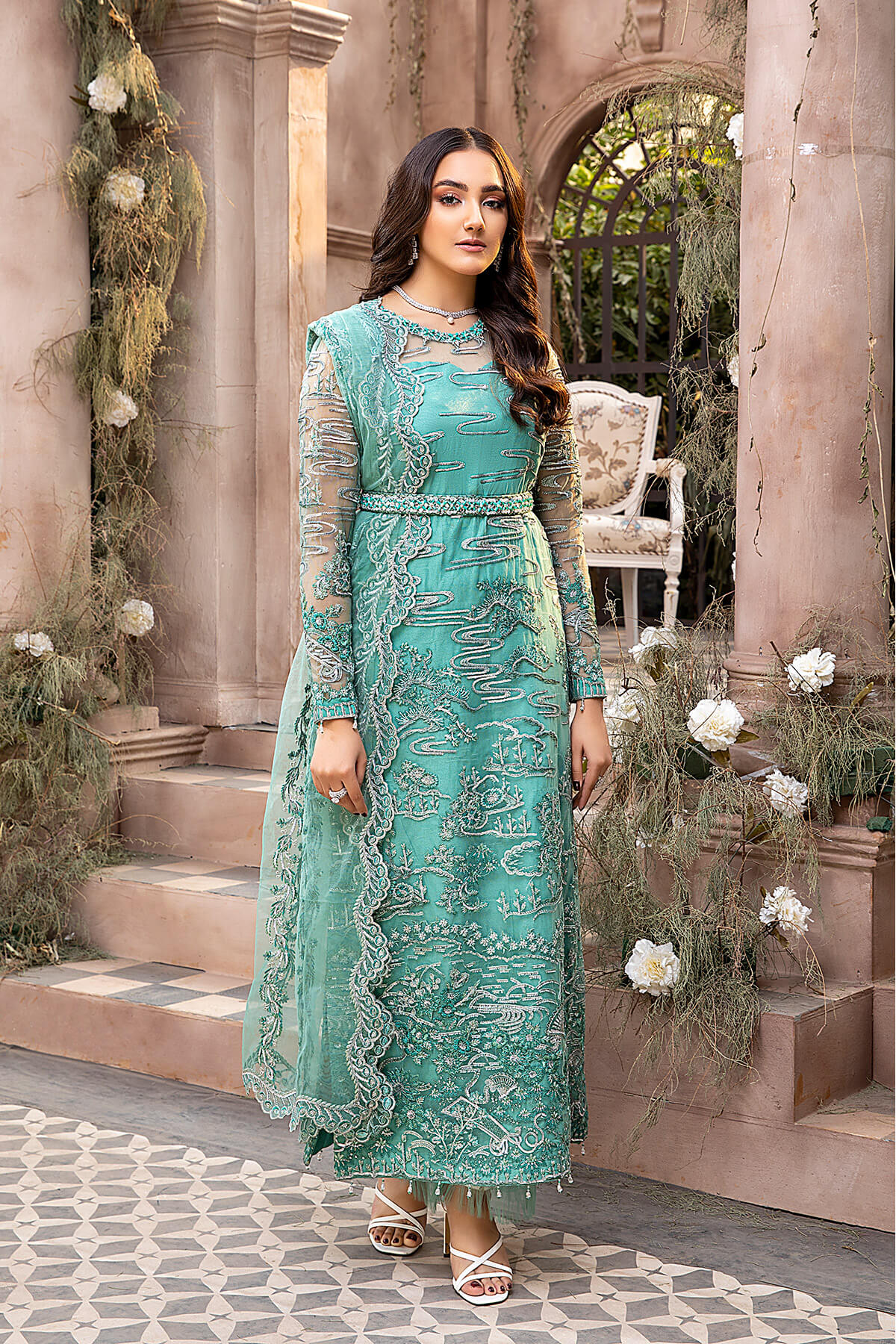 Pakistani Sea Green Embroidered Net & Silk Salwar Kameez (4-Piece) - Image 2