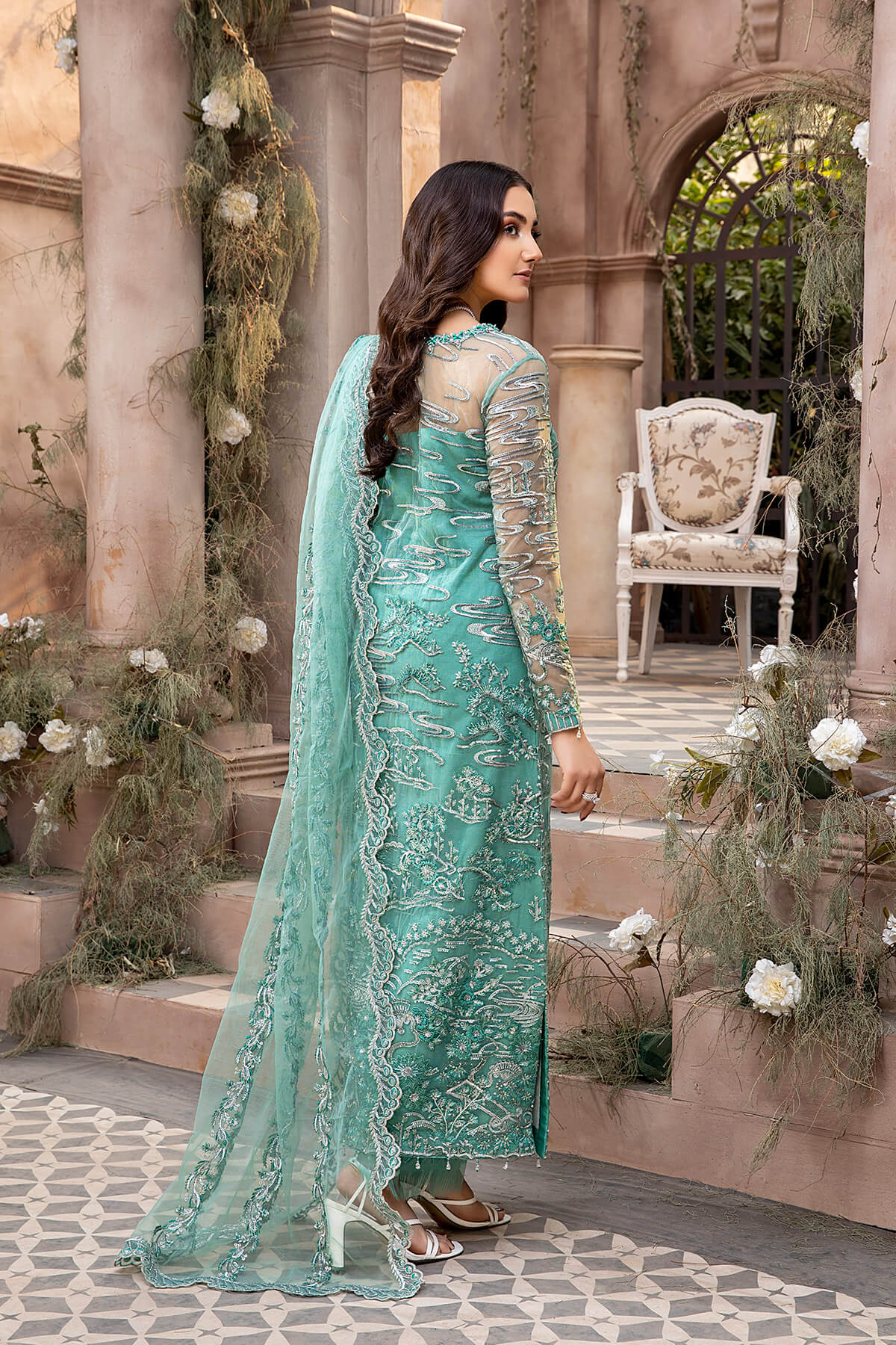 Pakistani Sea Green Embroidered Net & Silk Salwar Kameez (4-Piece) - Image 3