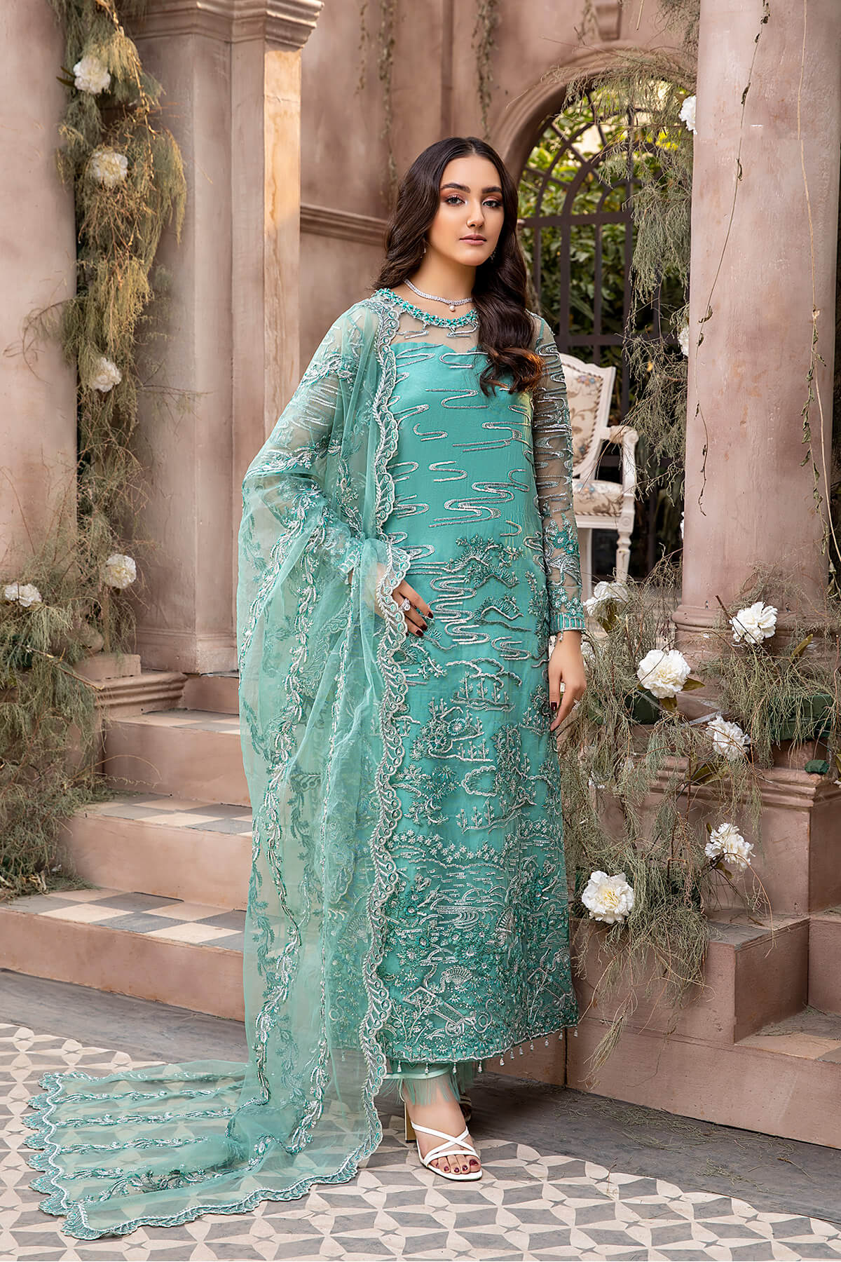 Pakistani Sea Green Embroidered Net & Silk Salwar Kameez (4-Piece) - Image 4