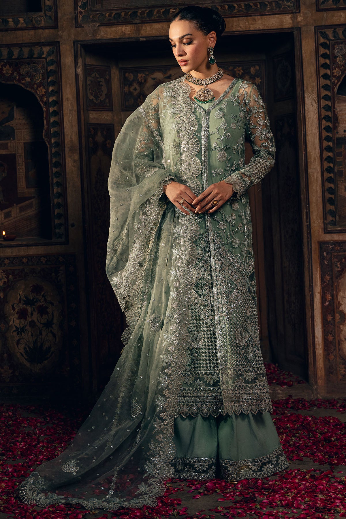 Sage Green Embroidered Net & Silk Salwar Kameez (3-Piece) - Image 2