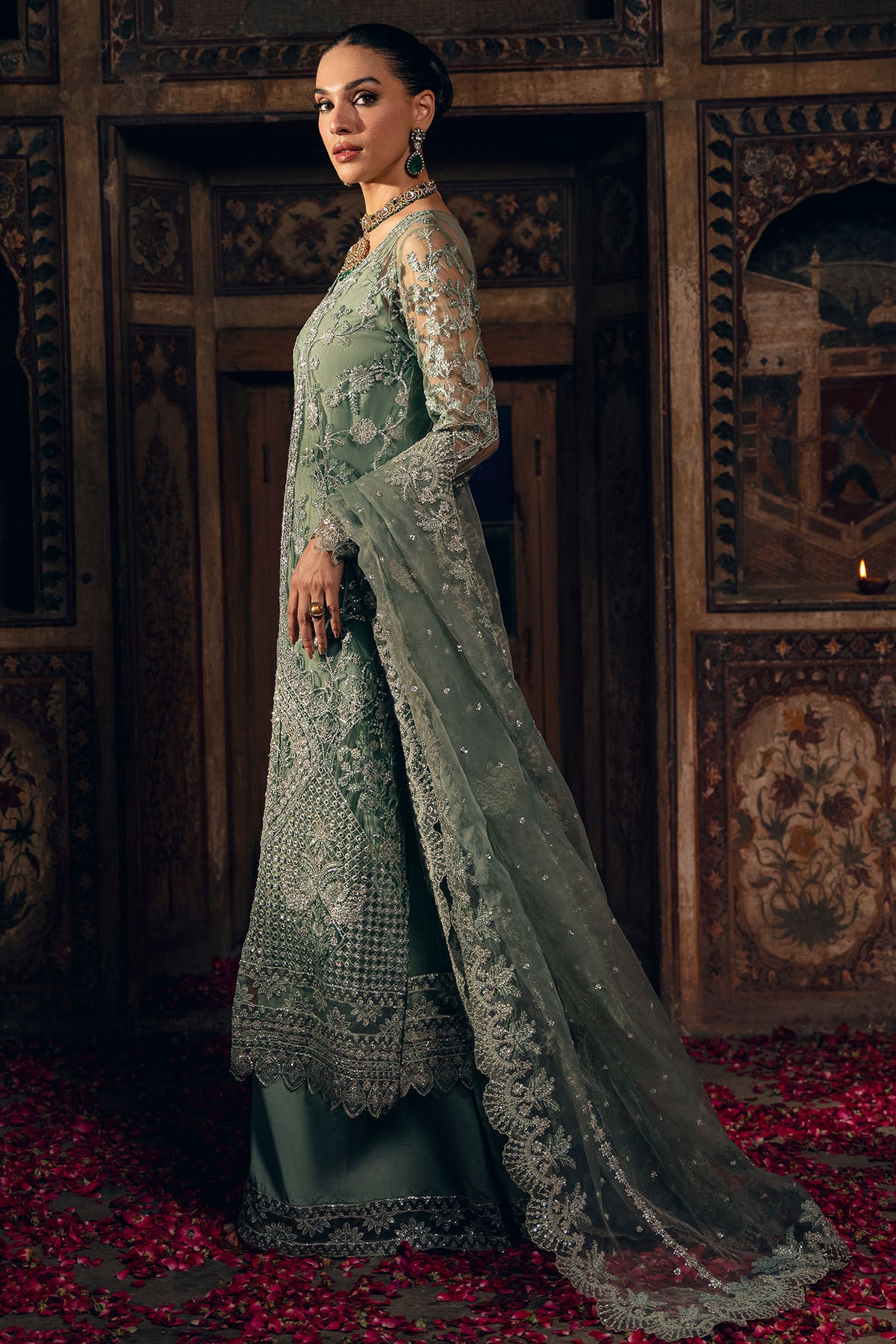 Sage Green Embroidered Net & Silk Salwar Kameez (3-Piece) - Image 3