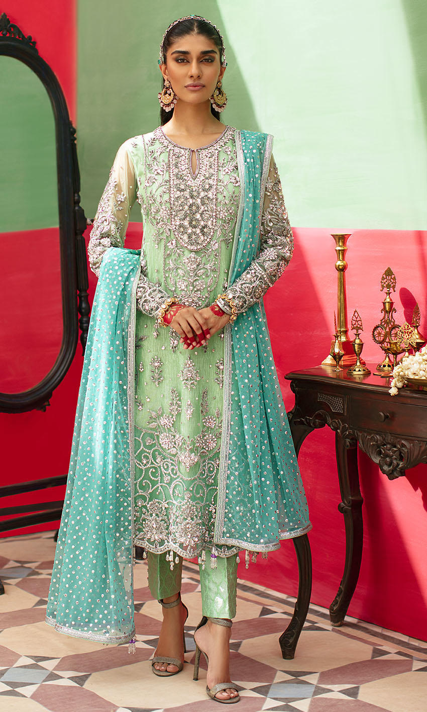 Pakistani Apple Green & Turquoise Embroidered Net Salwar Kameez (3-Piece) - Image 1
