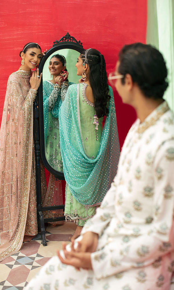 Pakistani Apple Green & Turquoise Embroidered Net Salwar Kameez (3-Piece) - Image 10