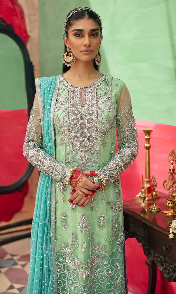 Pakistani Apple Green & Turquoise Embroidered Net Salwar Kameez (3-Piece) - Image 3