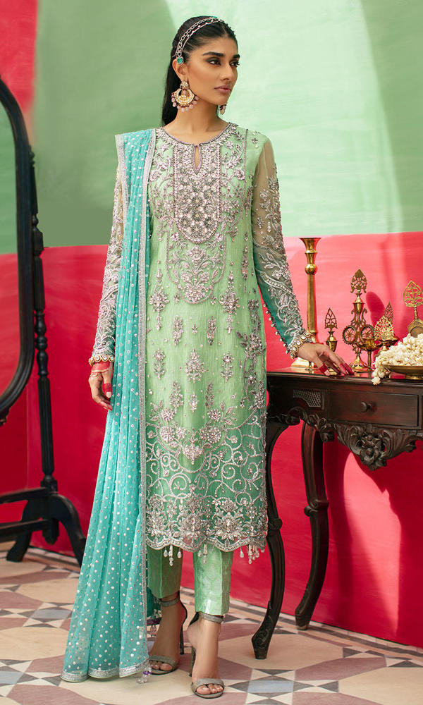 Pakistani Apple Green & Turquoise Embroidered Net Salwar Kameez (3-Piece) - Image 5