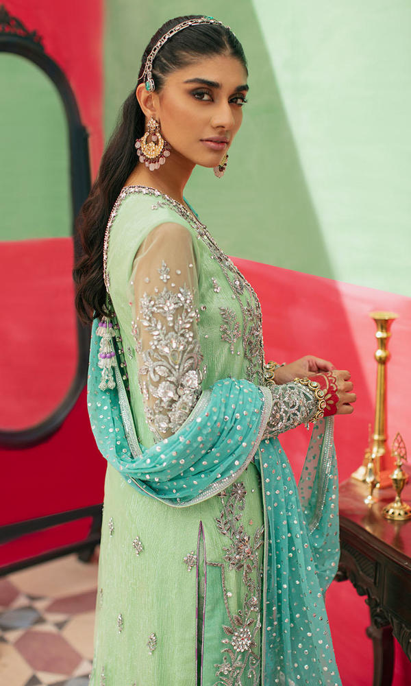 Pakistani Apple Green & Turquoise Embroidered Net Salwar Kameez (3-Piece) - Image 6