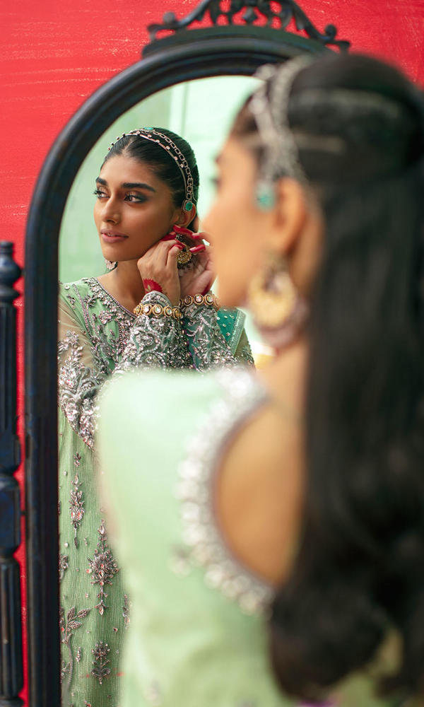 Pakistani Apple Green & Turquoise Embroidered Net Salwar Kameez (3-Piece) - Image 7