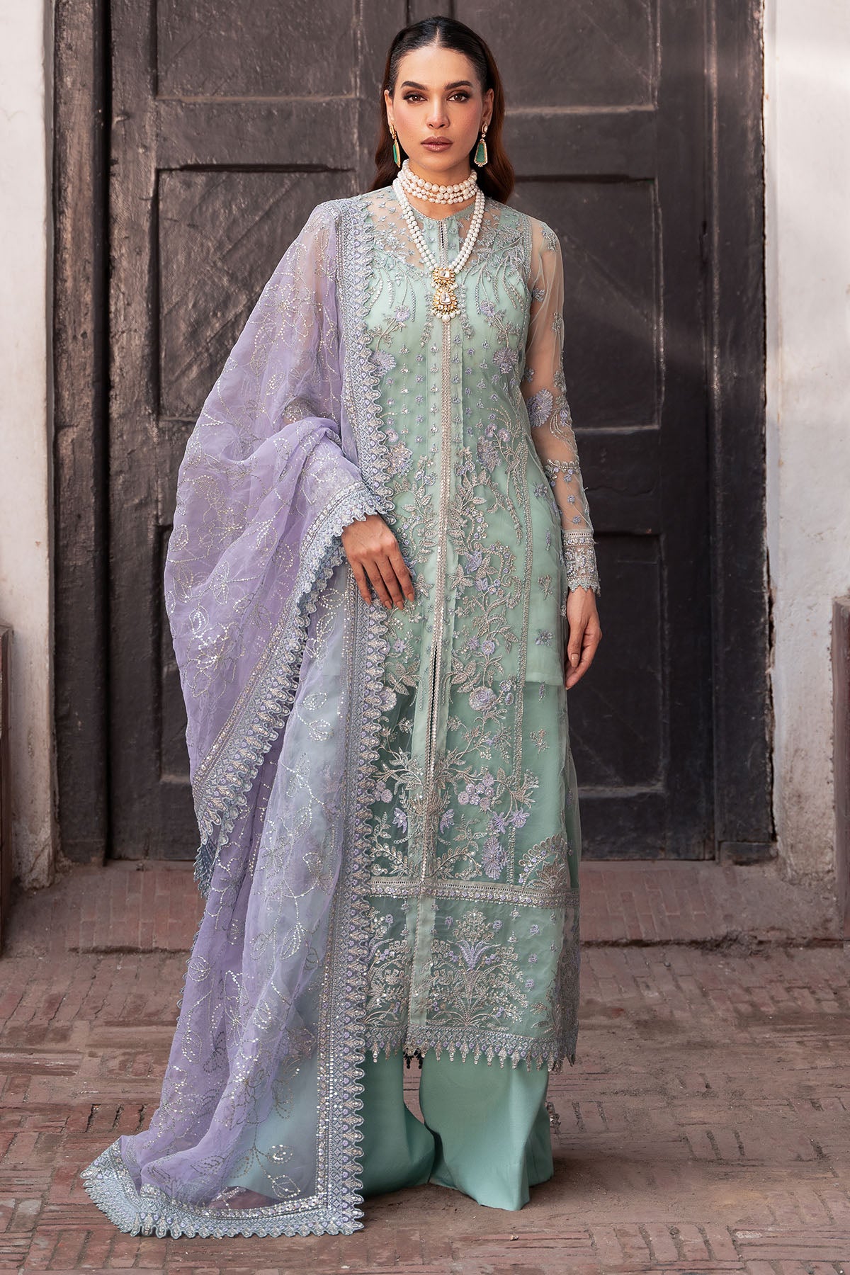 Pakistani Mint Green Embroidered Net & Organza Salwar Kameez (3-Piece) - Image 2
