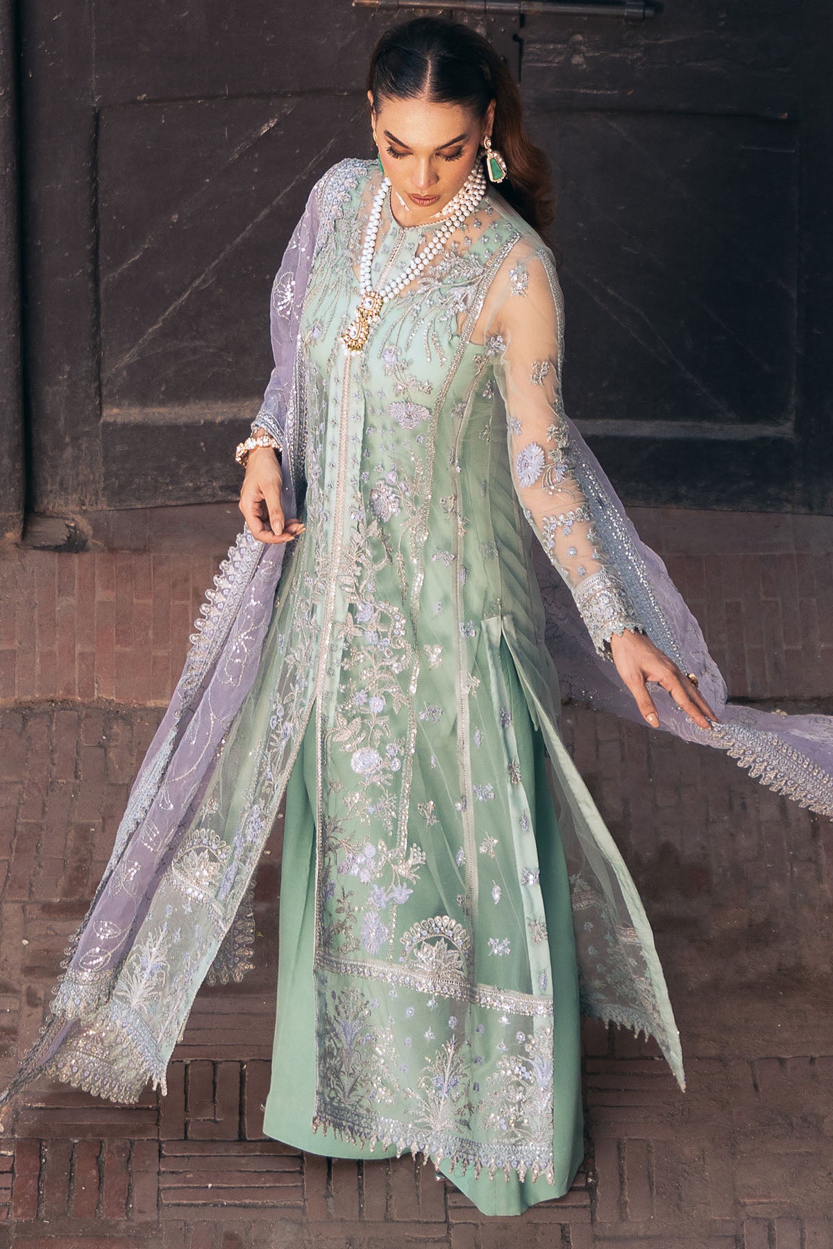 Pakistani Mint Green Embroidered Net & Organza Salwar Kameez (3-Piece) - Image 3
