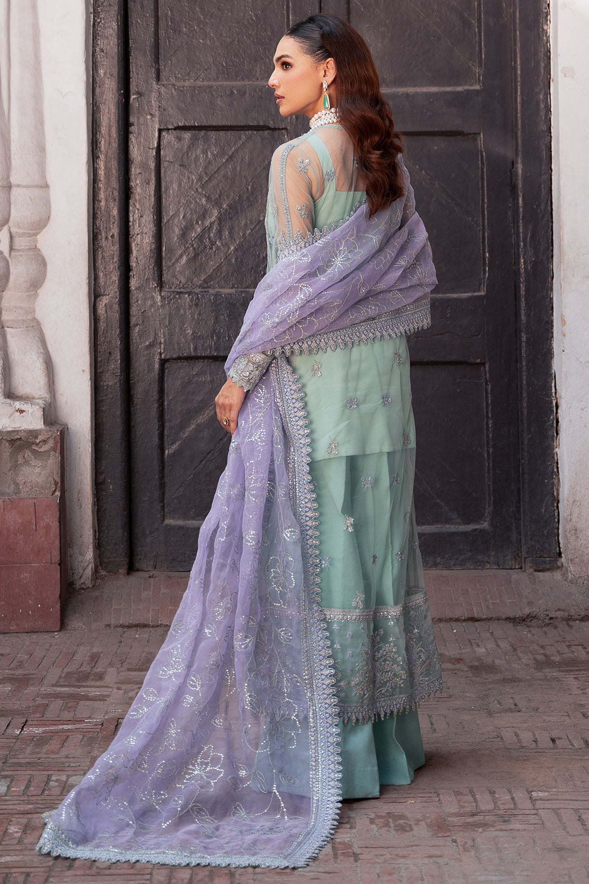 Pakistani Mint Green Embroidered Net & Organza Salwar Kameez (3-Piece) - Image 5