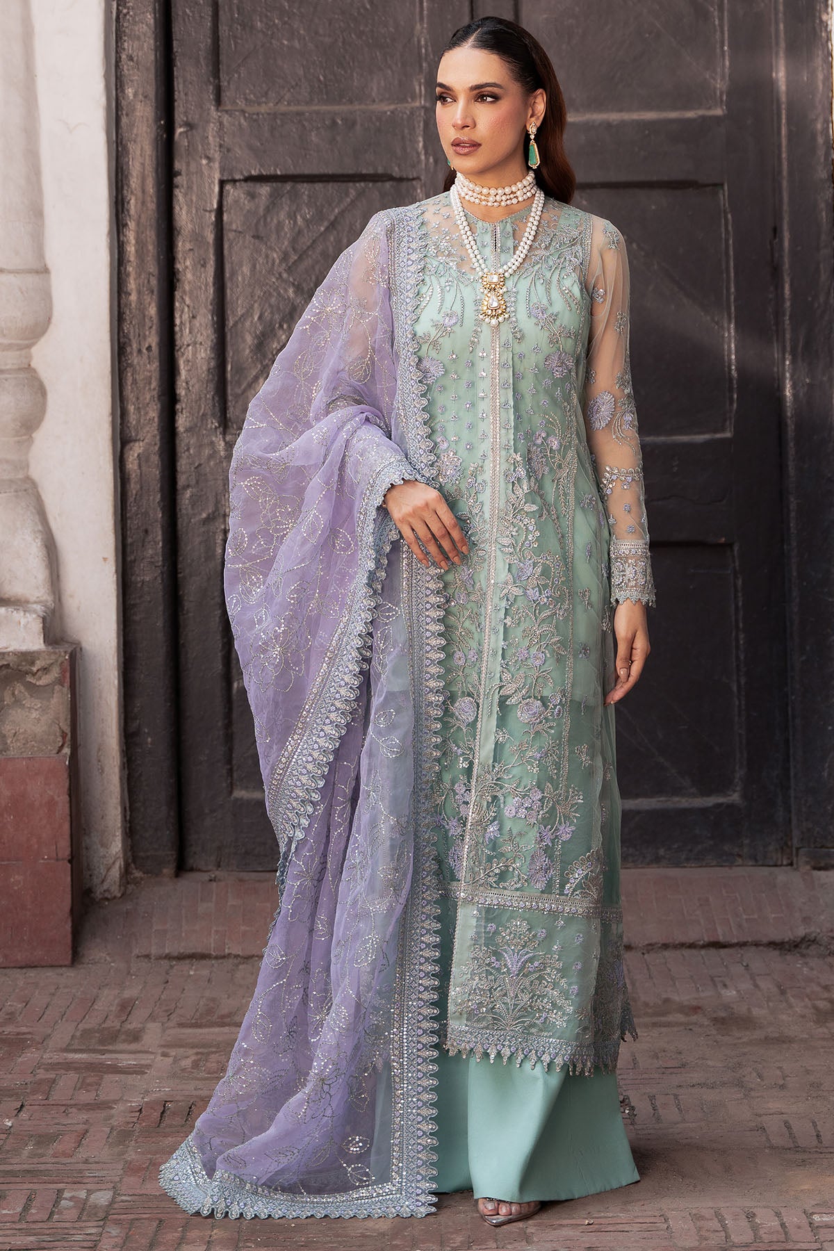 Pakistani Mint Green Embroidered Net Salwar Kameez (3-Piece) - Image 1
