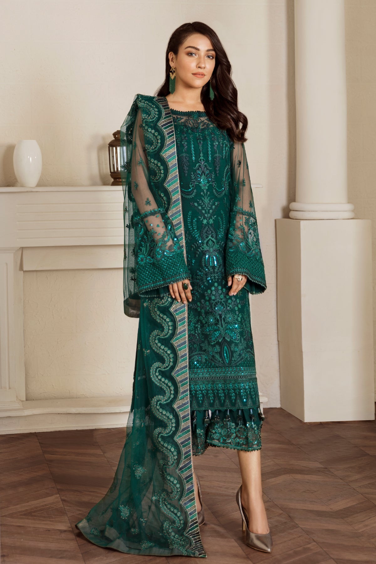 Emerald Green Embroidered Net Straight Suit (3-Piece) - Image 1