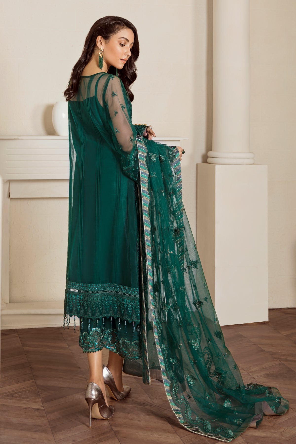 Emerald Green Embroidered Net Straight Suit (3-Piece) - Image 2