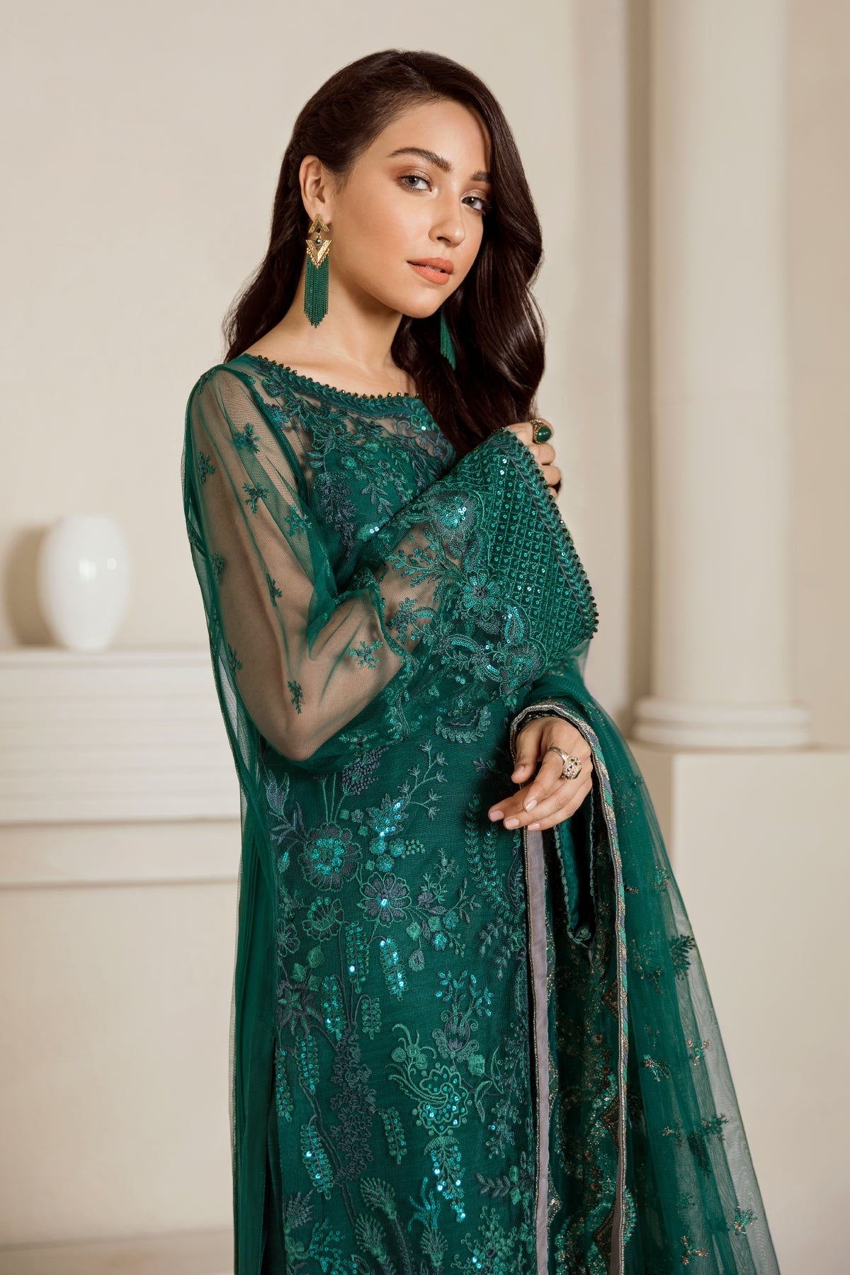 Emerald Green Embroidered Net Straight Suit (3-Piece) - Image 3