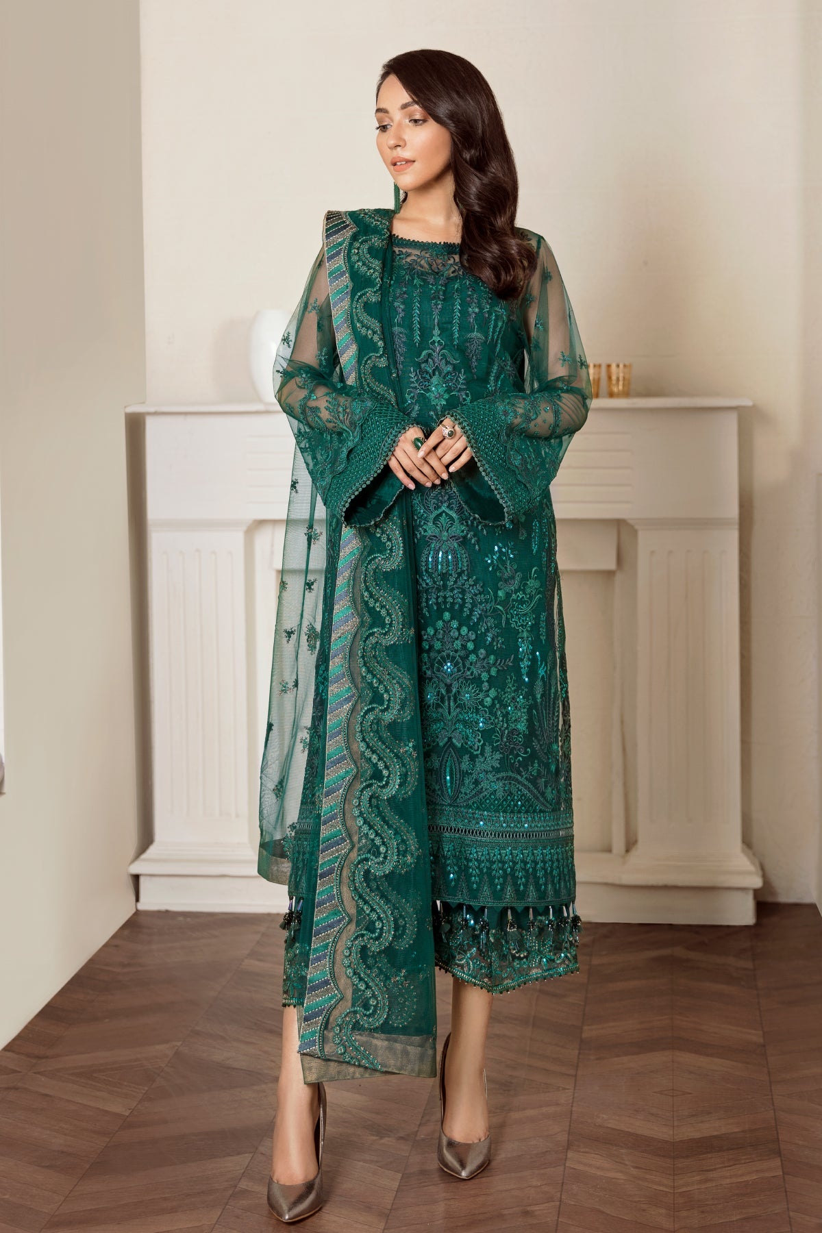 Emerald Green Embroidered Net Straight Suit (3-Piece) - Image 4