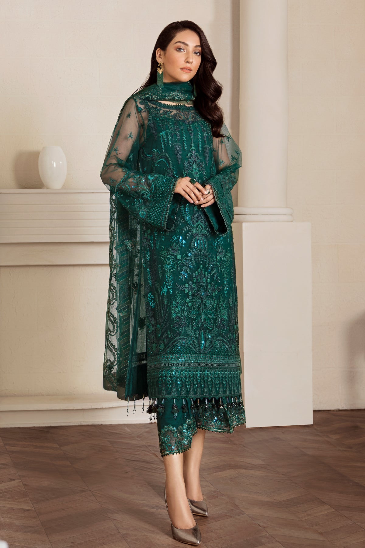 Emerald Green Embroidered Net Straight Suit (3-Piece) - Image 5