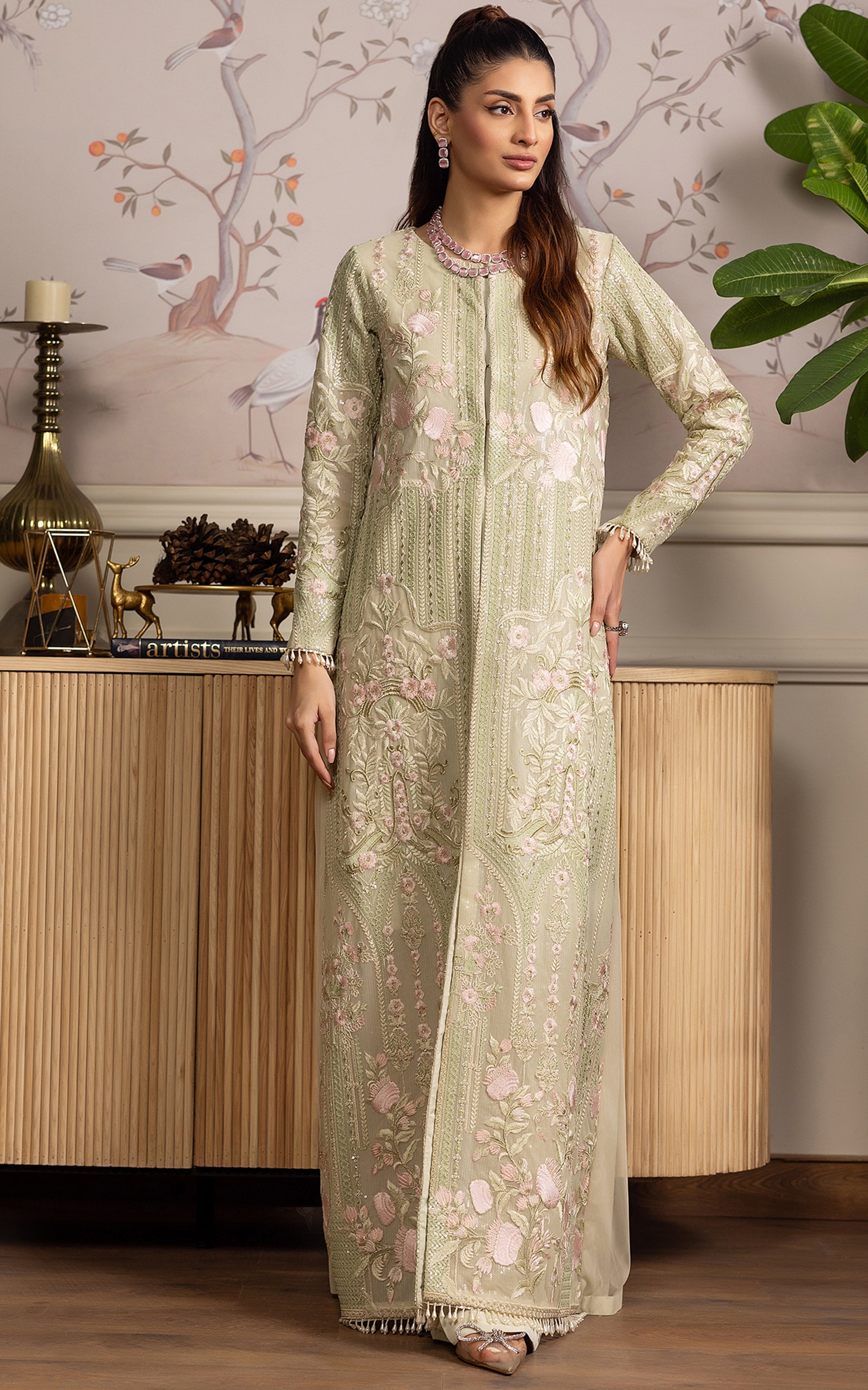 Pakistani Pistachio Embroidered Net Long Jacket (3-Piece) - Image 1