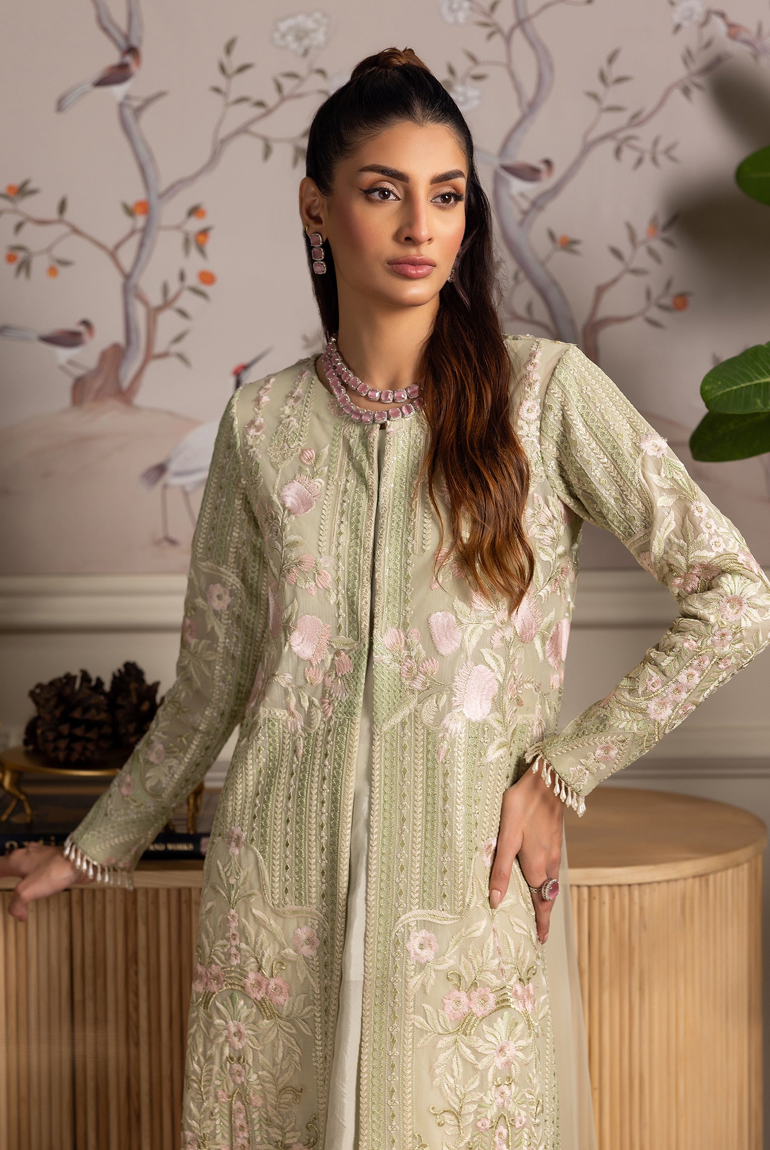 Pakistani Pistachio Embroidered Net Long Jacket (3-Piece) - Image 2