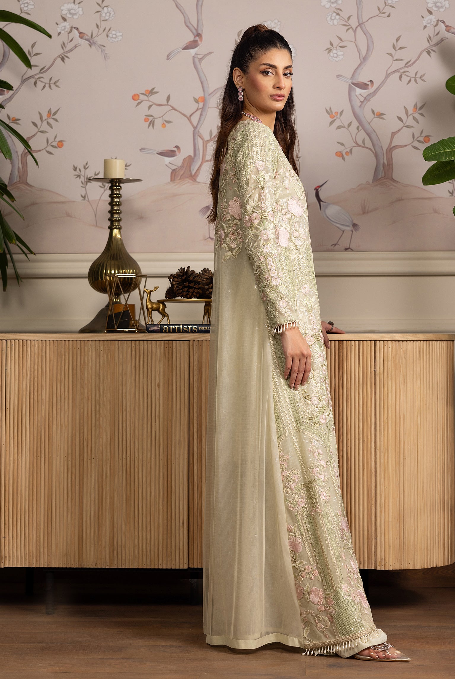 Pakistani Pistachio Embroidered Net Long Jacket (3-Piece) - Image 3