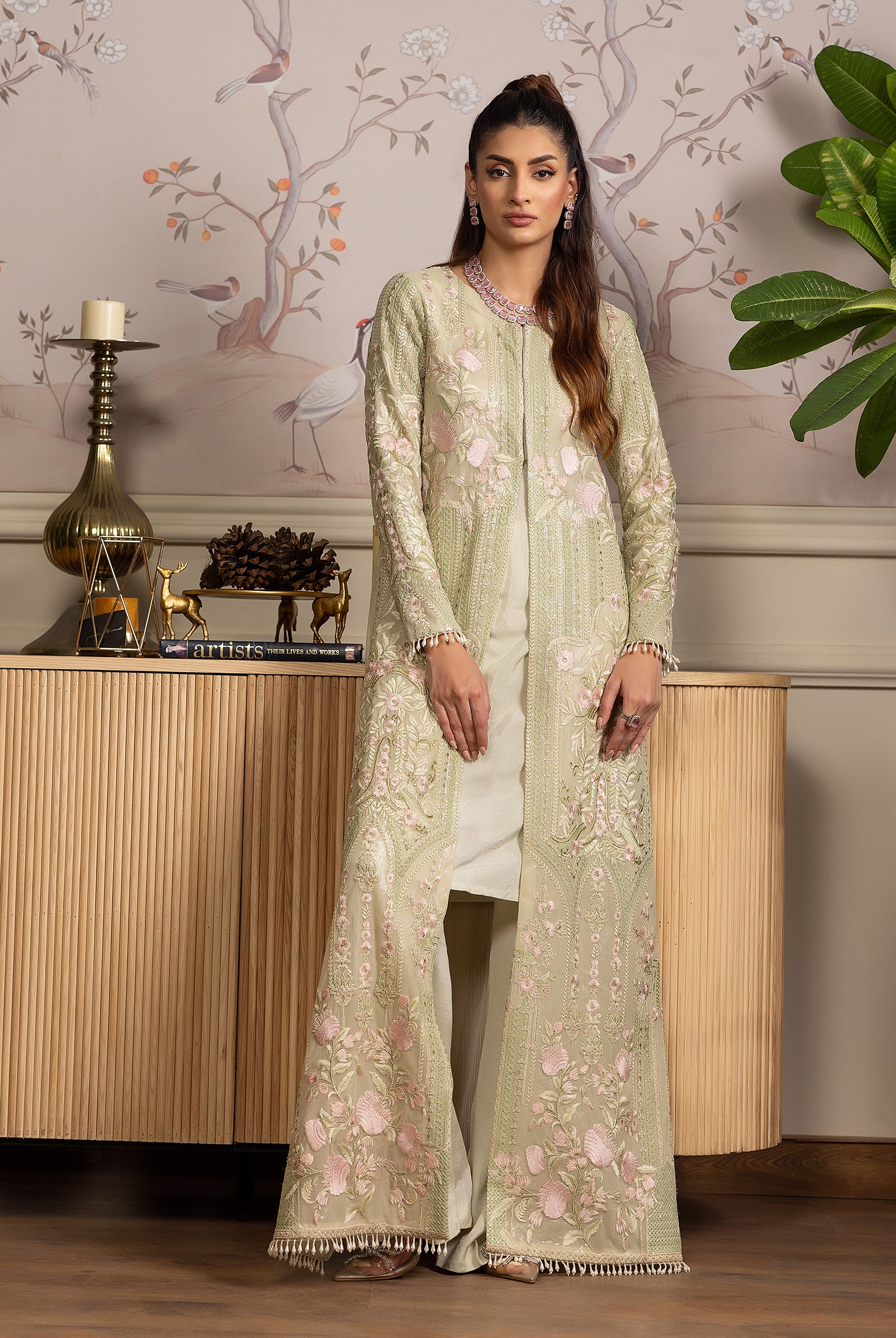 Pakistani Pistachio Embroidered Net Long Jacket (3-Piece) - Image 4