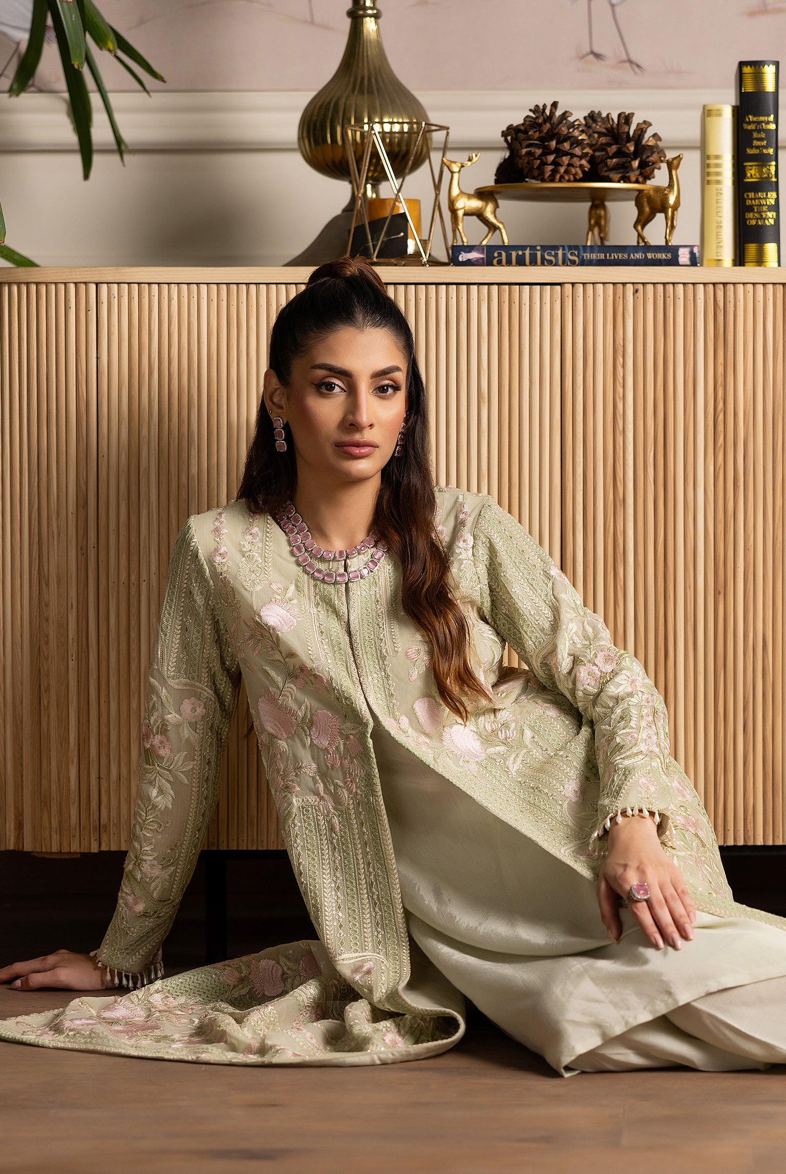 Pakistani Pistachio Embroidered Net Long Jacket (3-Piece) - Image 5