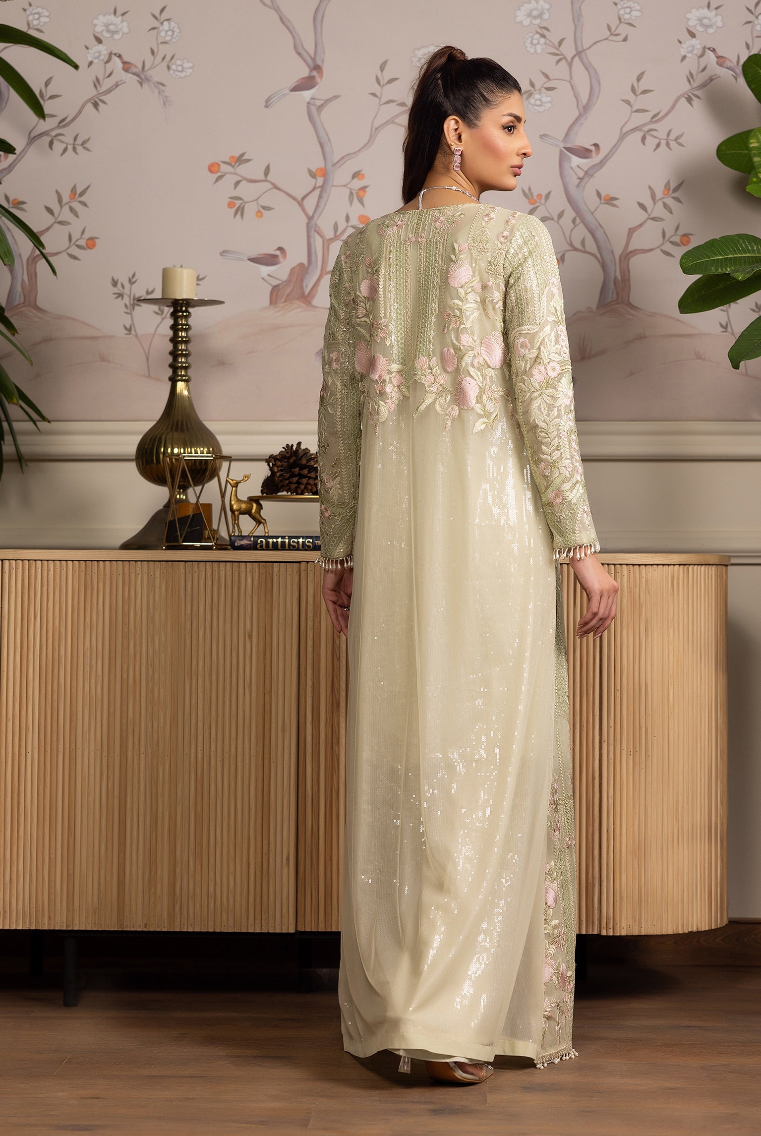Pakistani Pistachio Embroidered Net Long Jacket (3-Piece) - Image 6