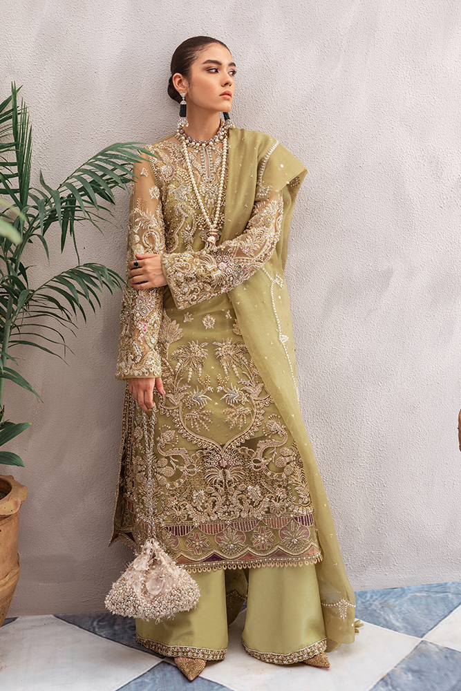 Sage Green Hand-Embellished Net Kurta Set (3-Piece) - Image 2