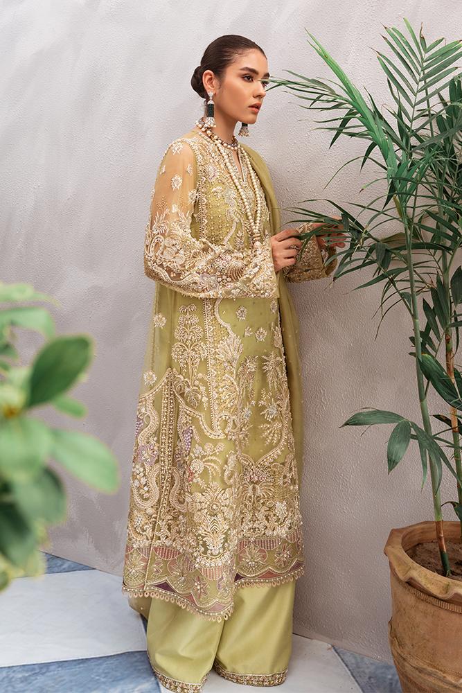 Sage Green Hand-Embellished Net Kurta Set (3-Piece) - Image 3